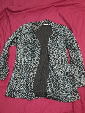 Susan Graver Black & Silver Leopard Open-Front Cardigan Woman's Size L Beautiful